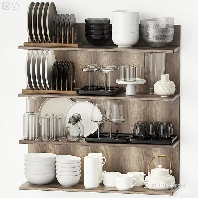 Multiple Piece Kitchen Dinnerware Set With Plates Bowls Glasses And Wine Glasses Displayed On Shelf 3d model 