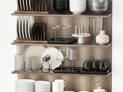 Multiple Piece Kitchen Dinnerware Set With Plates Bowls Glasses And Wine Glasses Displayed On Shelf 3d model