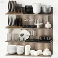 Multiple Piece Kitchen Dinnerware Set With Plates Bowls Glasses And Wine Glasses Displayed On Shelf