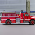 Red Fire Truck Parked In Large Industrial Warehouse With Metal Structure Roof And Ceiling Lights