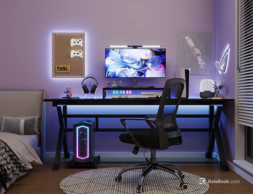 Entertainment Room with Purple Walls Gaming Setup PUBG Decor Game Controllers Computer Monitor and Ergonomic Chair 3d model 