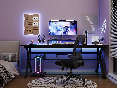 Entertainment Room with Purple Walls Gaming Setup PUBG Decor Game Controllers Computer Monitor and Ergonomic Chair 3d model