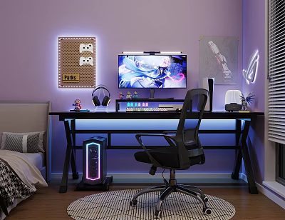 Entertainment Room with Purple Walls Gaming Setup PUBG Decor Game Controllers Computer Monitor and Ergonomic Chair 3d model