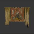 Classical Stone Columns Flanking Ornate Tapestry With Front Small Wooden Table Featuring Eagle And Figure