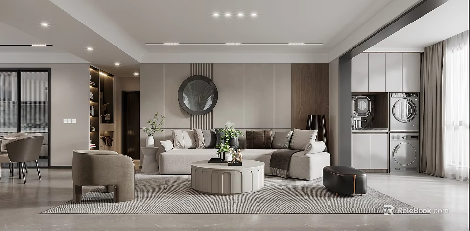 Modern Living Dining Room Interior With Circular Mirror Beige Sofa And Wooden Elements 3d model 