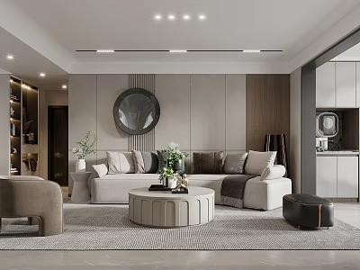 Modern Living Dining Room Interior With Circular Mirror Beige Sofa And Wooden Elements 3d model