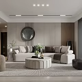 Modern Living Dining Room Interior With Circular Mirror Beige Sofa And Wooden Elements