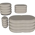 Decorative Light Beige Fabric Sofa Stools with Layered Design Round Oval Shapes Various Sizes 3d model