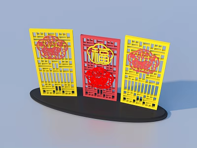 Yellow And Red Decorative Plaques With Fu Character Patterns Hollow Out Design On Black Base 3d model