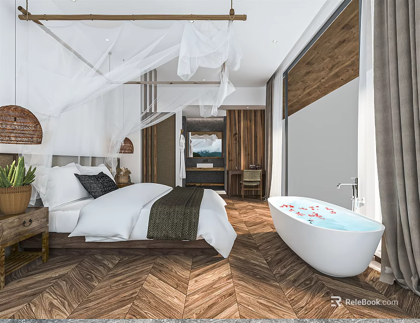 Hotel Guest Room Featuring Canopy Bed White Bedding Indoor Plants Wooden Flooring And Freestanding Bathtub 3d model 