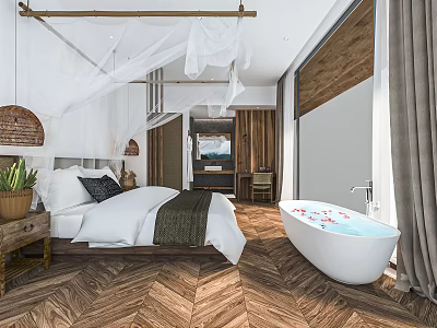 Hotel Guest Room Featuring Canopy Bed White Bedding Indoor Plants Wooden Flooring And Freestanding Bathtub 3d model