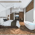 Hotel Guest Room Featuring Canopy Bed White Bedding Indoor Plants Wooden Flooring And Freestanding Bathtub