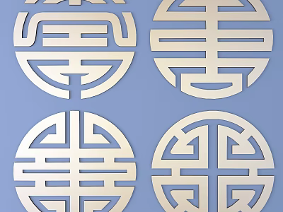 Traditional Chinese Carved Lattice Windows With Circular Design And Lucky Patterns On Blue Background 3d model