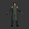 3D Character Model In Green Uniform With Yellow Buttons And Shoulder Badges Holding Brown Item