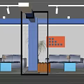 Modern Conference Room Interior With Decorative Partition Blue Lamps Sofas And Coffee Tables