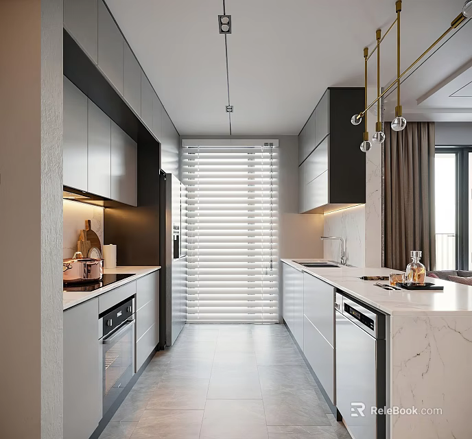 Modern Kitchen With Gray Black Cabinets Marble Countertops Pendant Lights Oven Dishwasher And Blinds 3d model 