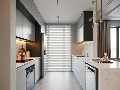 Modern Kitchen With Gray Black Cabinets Marble Countertops Pendant Lights Oven Dishwasher And Blinds 3d model