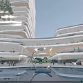 Modern High Rise Office Building With Glass Curtain Walls Greenery Water Pool And People Around