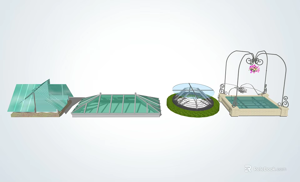 Architectural Building Components Including Glass Roofs Arched Skylights And Circular Skylight Frames 3d model 