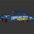 Blue Vintage Car With FABULOS NET SPECTACULAR POWER V8 Decals And Red Wheels