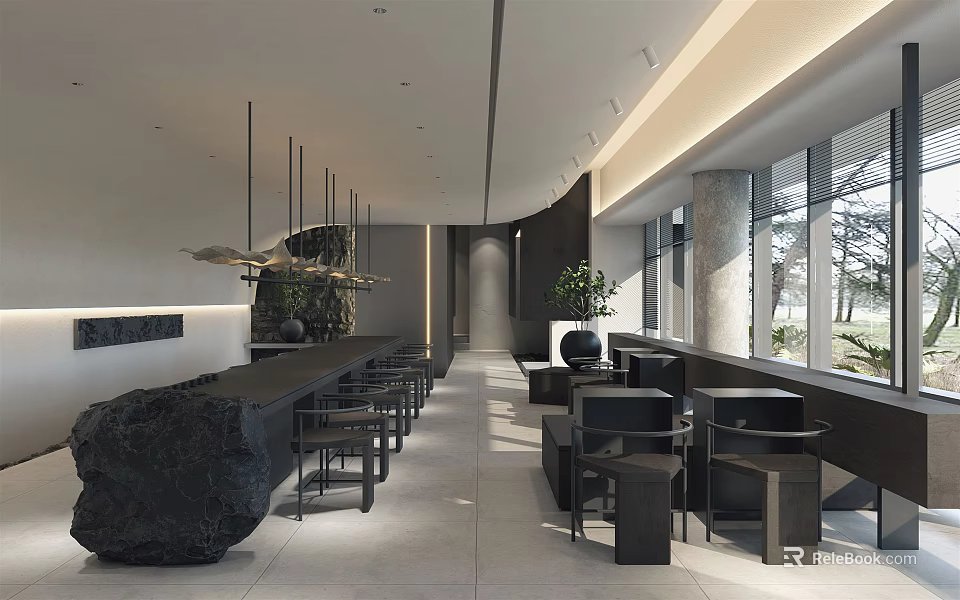 Modern Open Café Interior Featuring Black Bar Counter High Stools Large Windows And Green Plants 3d model 