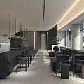 Modern Open Café Interior Featuring Black Bar Counter High Stools Large Windows And Green Plants