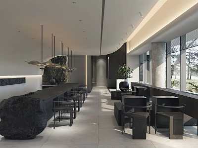 Modern Open Café Interior Featuring Black Bar Counter High Stools Large Windows And Green Plants 3d model