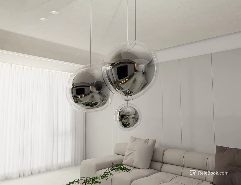 Modern Transparent Spherical Pendant Lights Hanging In Stylish Living Room With White Walls And Sofa 3d model 
