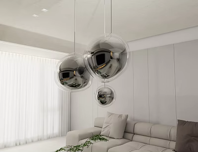 Modern Transparent Spherical Pendant Lights Hanging In Stylish Living Room With White Walls And Sofa 3d model