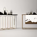 Modern Console Table With Gold Metal Frame Marble Top And Mountain Decor Artwork 3d model