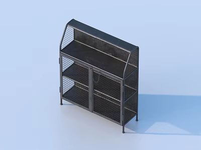 Black Metal Display Shelf With Mesh Doors And Multiple Storage Shelves 3d model