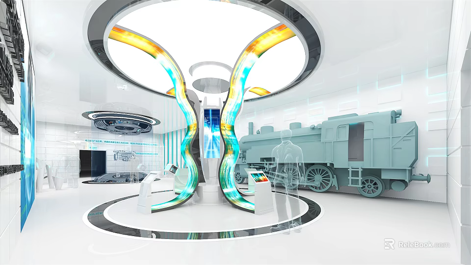 Modern Tech Display Area With Circular Glowing Structure Blue Yellow Lights Train Model And Console 3d model 