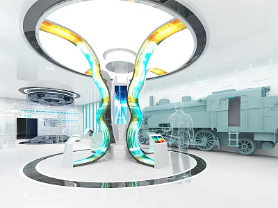 Modern Tech Display Area With Circular Glowing Structure Blue Yellow Lights Train Model And Console 3d model