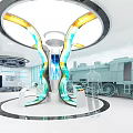 Modern Tech Display Area With Circular Glowing Structure Blue Yellow Lights Train Model And Console