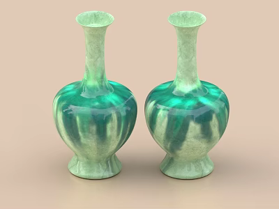 Two Green Ceramic Vases With Tall Neck And Rounded Glossy Body On Beige Background 3d model