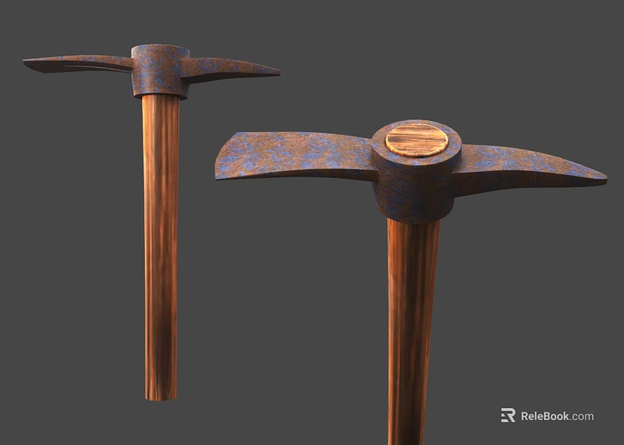 Two Vintage Pickaxes Featuring Rustic Metal Heads And Wooden Handles Design 3d model 