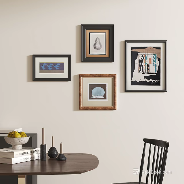 Abstract Paintings Framed On Wall In Modern Interior With Decorative Elements 3d model