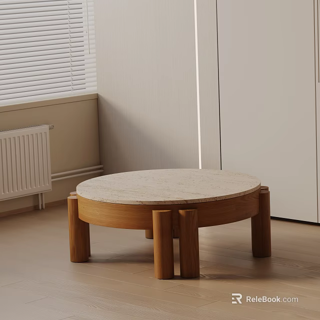 Modern Minimalist Sofa Coffee Table Combination With Round Marble Top Wooden Legs 3d model 