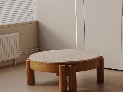 Modern Minimalist Sofa Coffee Table Combination With Round Marble Top Wooden Legs 3d model