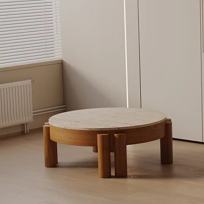 Modern Minimalist Sofa Coffee Table Combination With Round Marble Top Wooden Legs 3d model