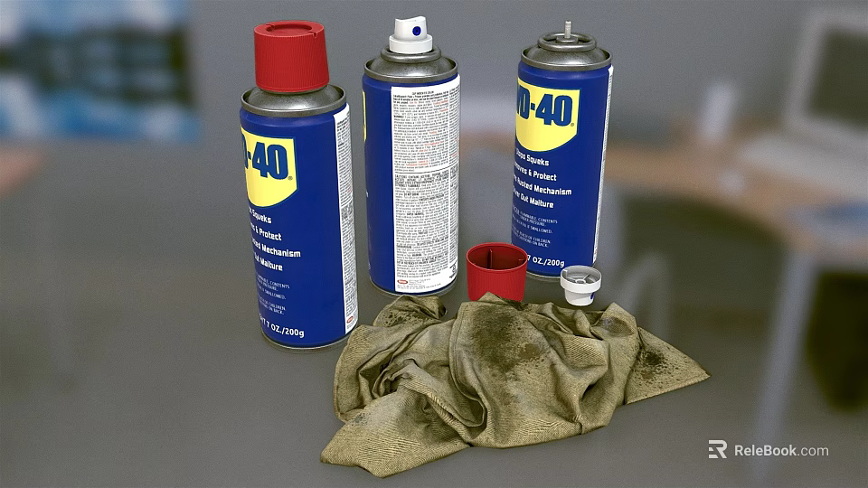 WD40 Spray Cans With Cleaning Cloth Red Cap And Small Lids 3d model 