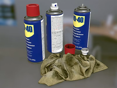 WD40 Spray Cans With Cleaning Cloth Red Cap And Small Lids 3d model