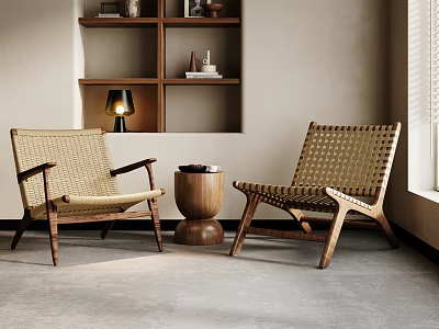Modern Rattan Leisure Chairs with Wooden Frame and Round Side Table in Cozy Living Room 3d model