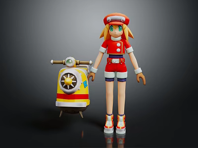 Red Outfit Anime Game Character With Yellow Robot Companion And Mechanical Design 3d model