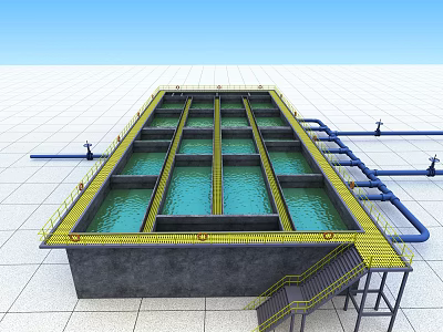 Industrial Water Treatment Facility With Concrete Tanks Yellow Railings And Blue Water 3d model