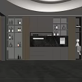 Modern Open Kitchen Interior With Glass Door Wine Cabinet And Illuminated Wine Bottles