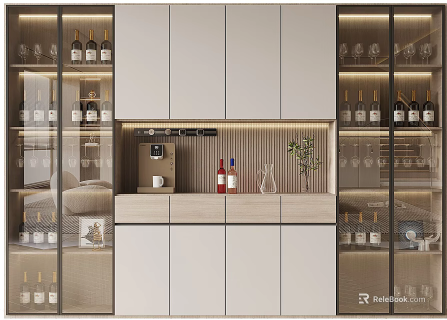 Modern Wine Cabinet With Glass Doors Storing Wine Bottles And Wine Glasses On Central Countertop 3d model 