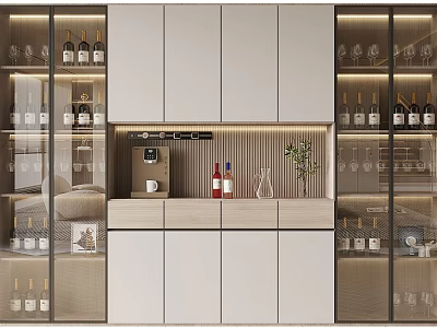 Modern Wine Cabinet With Glass Doors Storing Wine Bottles And Wine Glasses On Central Countertop 3d model