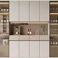 Modern Wine Cabinet With Glass Doors Storing Wine Bottles And Wine Glasses On Central Countertop