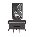 Abstract Wall Art Above Black Upright Piano With Padded Stool